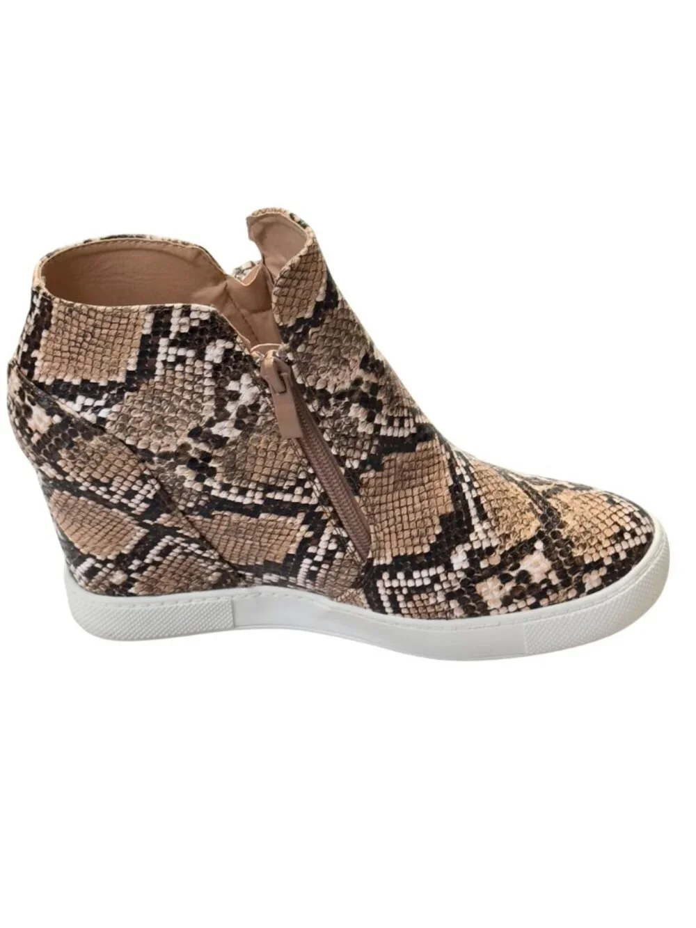 Snakeskin Print Wedge Ankle Boots With Side Zipper & Rubber Sole